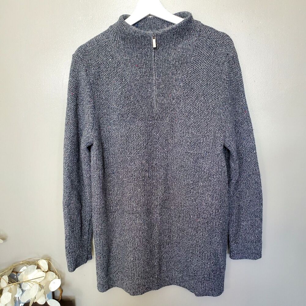 Lands End Sweater Size Large 14/16 Gray Speckled Confetti Quarter Zip Mock Neck